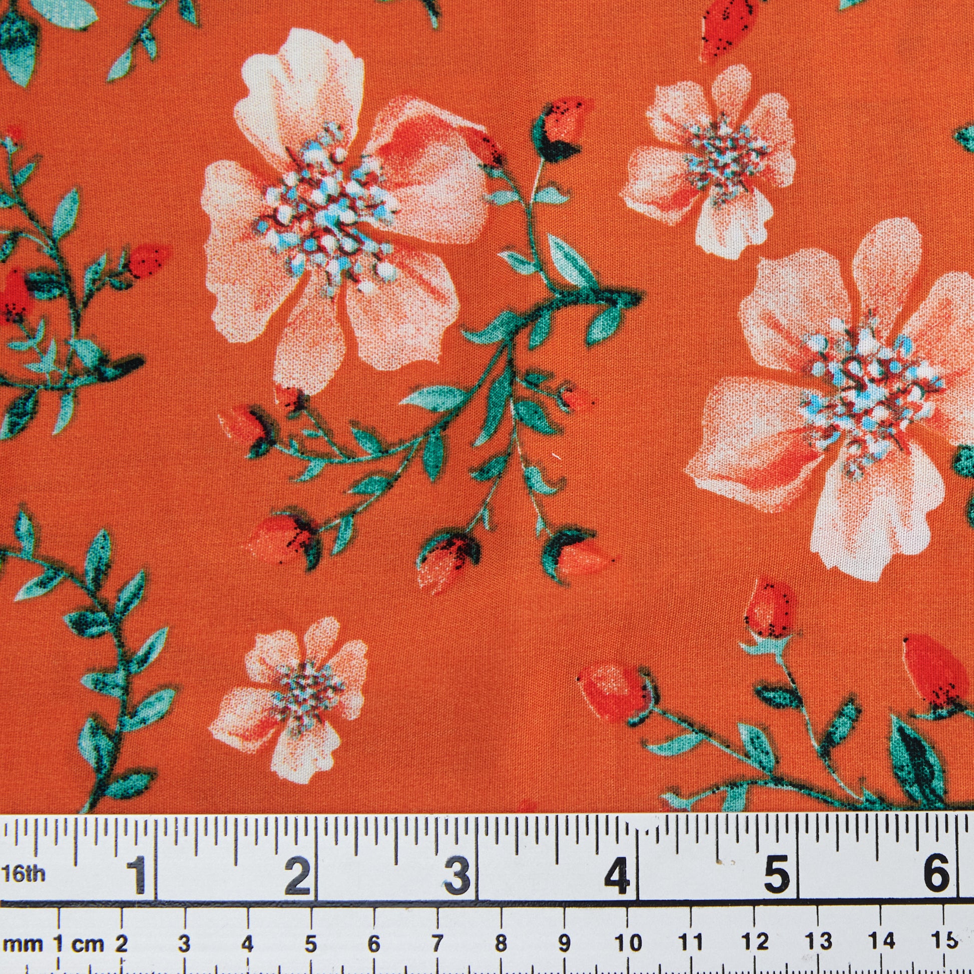 Printed Rayon Fabric, Orange Flowers- Width 140cm