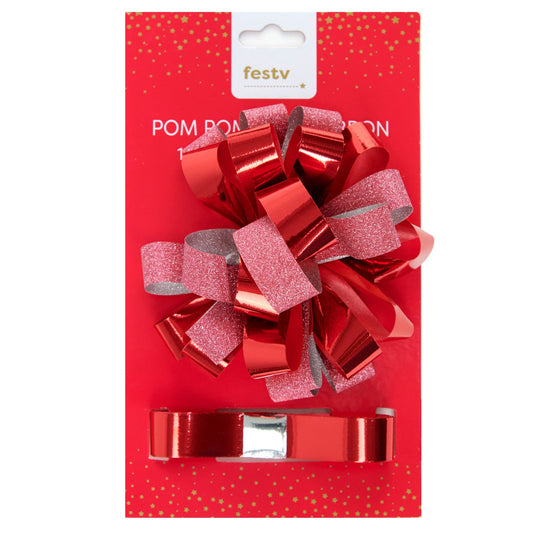 Christmas Pom Pom Bow + Ribbon, Red- 18mmx2m