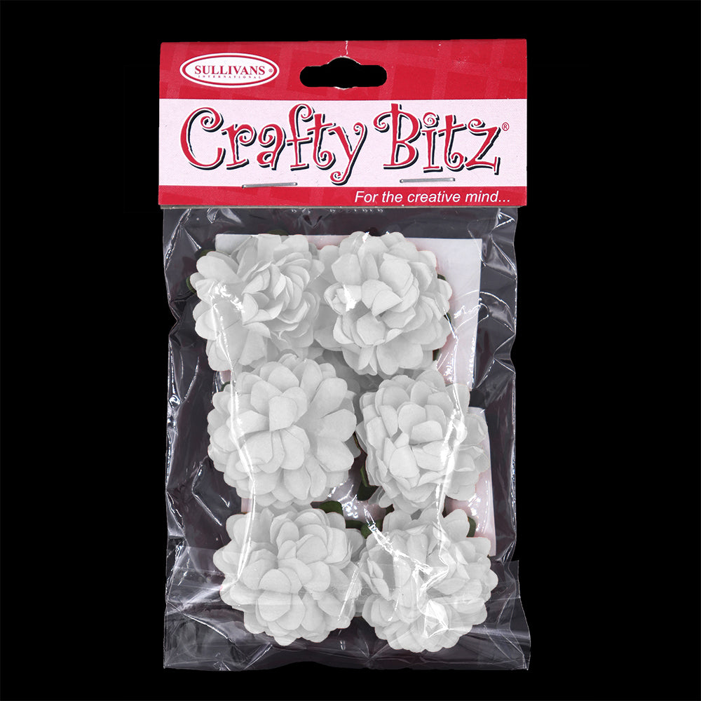 Crafty Bitz Flower with Stem, White- 6pk