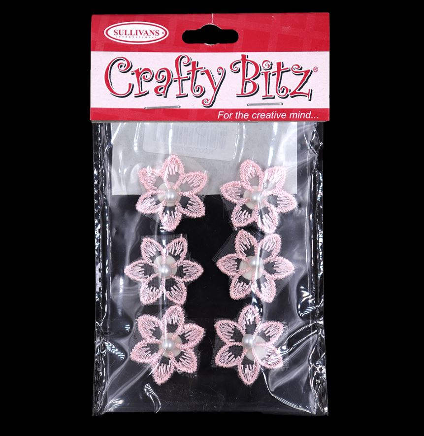 Crafty Bitz Flower with Pearl Stick On, Pink- 6pk