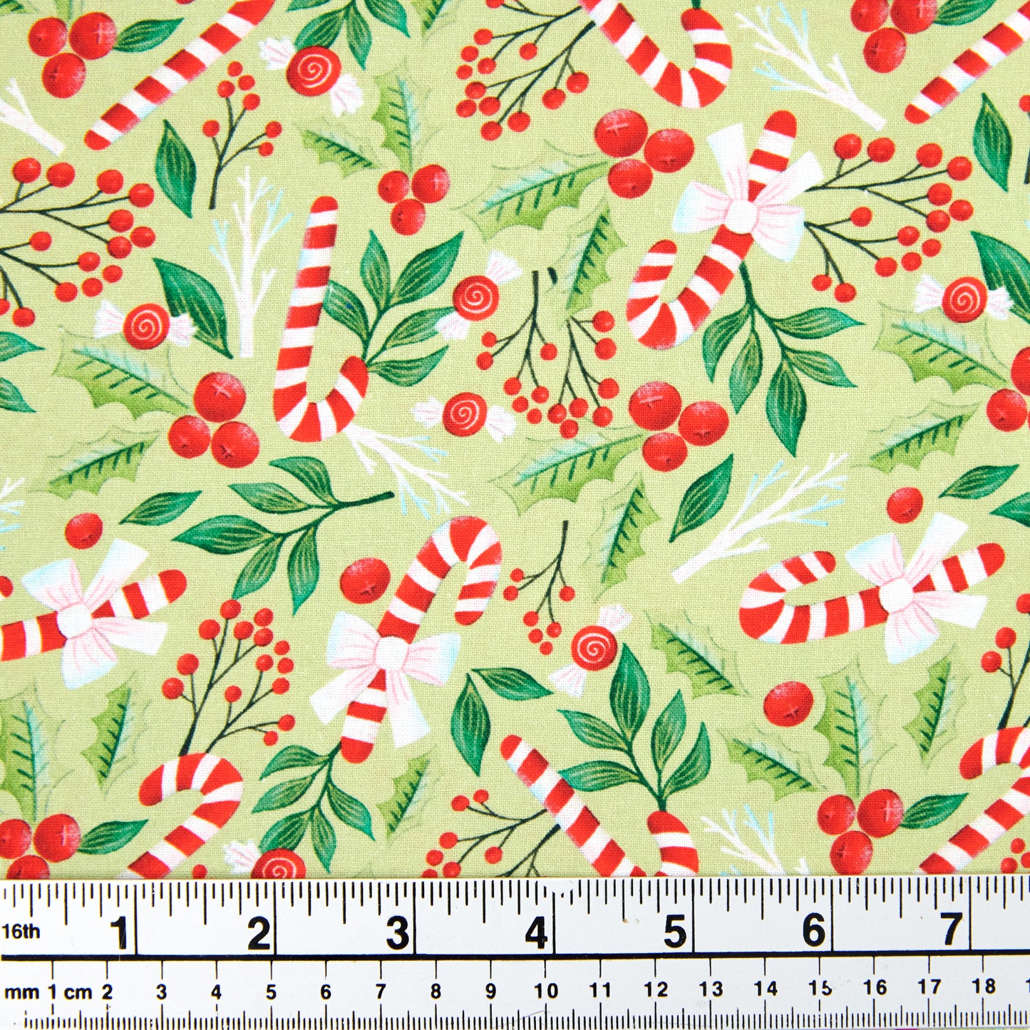 Christmas Cotton Print Fabric, Green/Candy Cane Mistletoe- Width 112cm