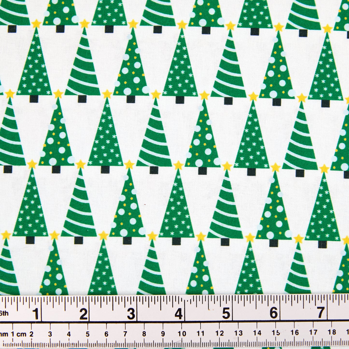 Christmas Cotton Print Fabric, White/Green Trees- Width 112cm