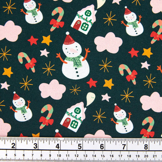 Christmas Cotton Print Fabric, Navy/Snowman And Pink Clouds- Width 112cm