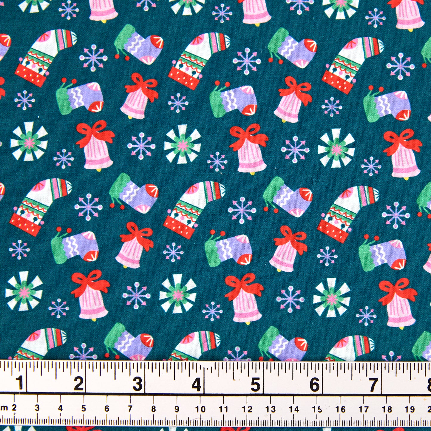 Christmas Cotton Print Fabric,Green/Socks And Bells- Width 112cm