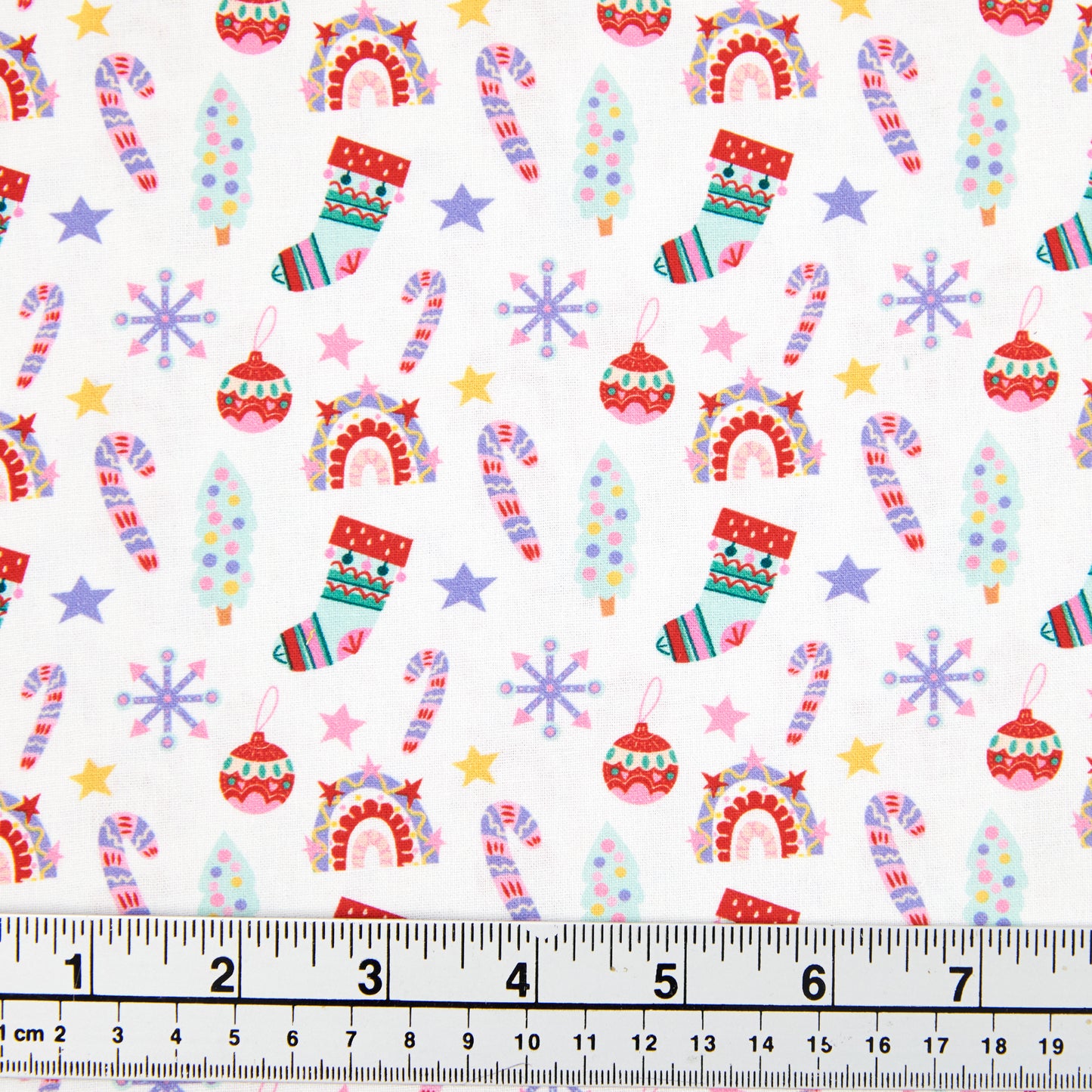 Christmas Cotton Print Fabric,White/Stockings And Candy Cane- Width 112cm