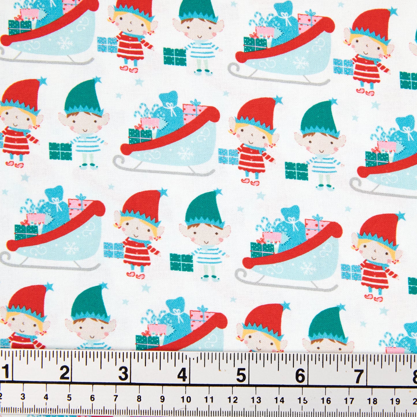 Christmas Cotton Print Fabric, White/Elves And Sleighs- Width 112cm