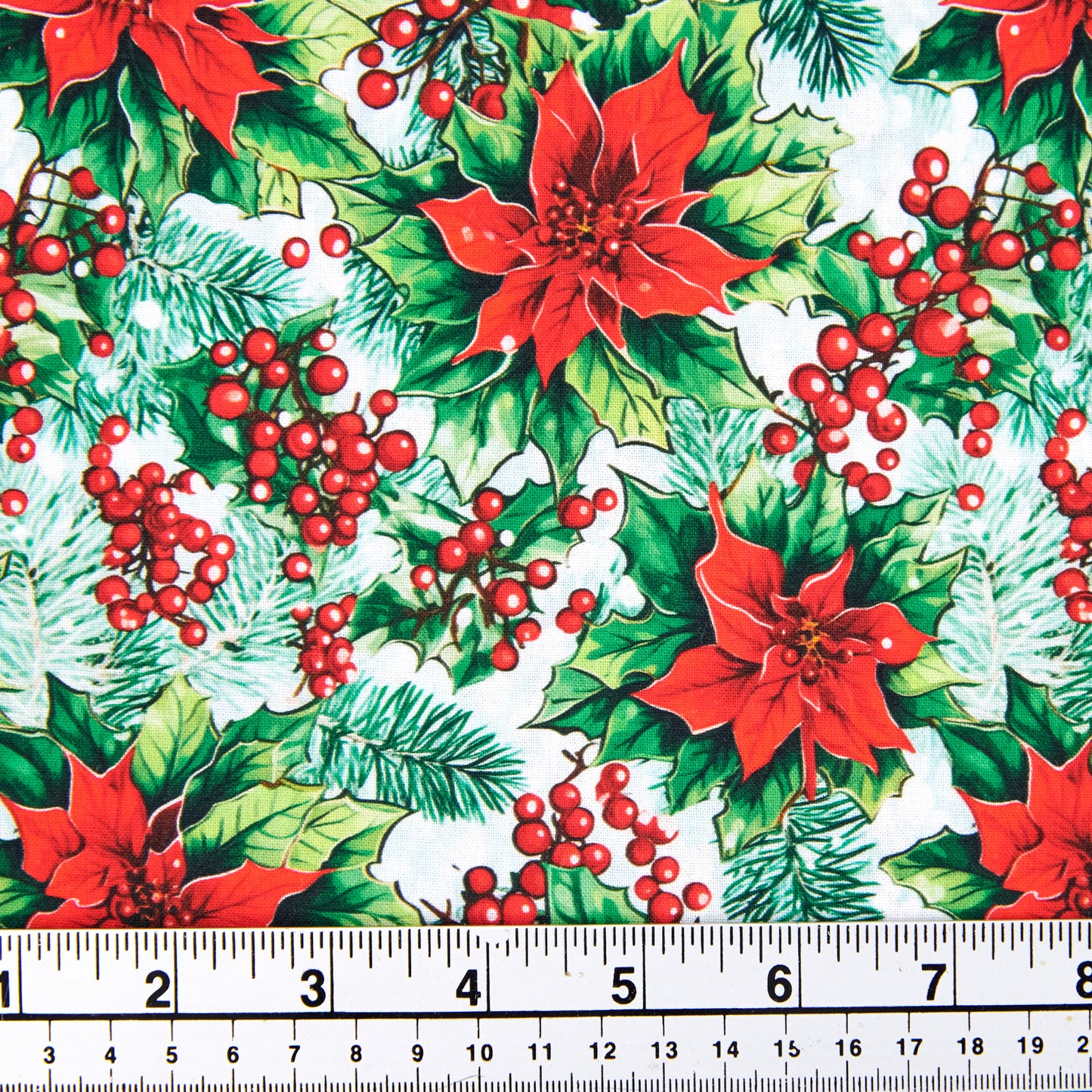 Christmas Cotton Print Fabric,White/Red Poinsettia Holly- Width 112cm