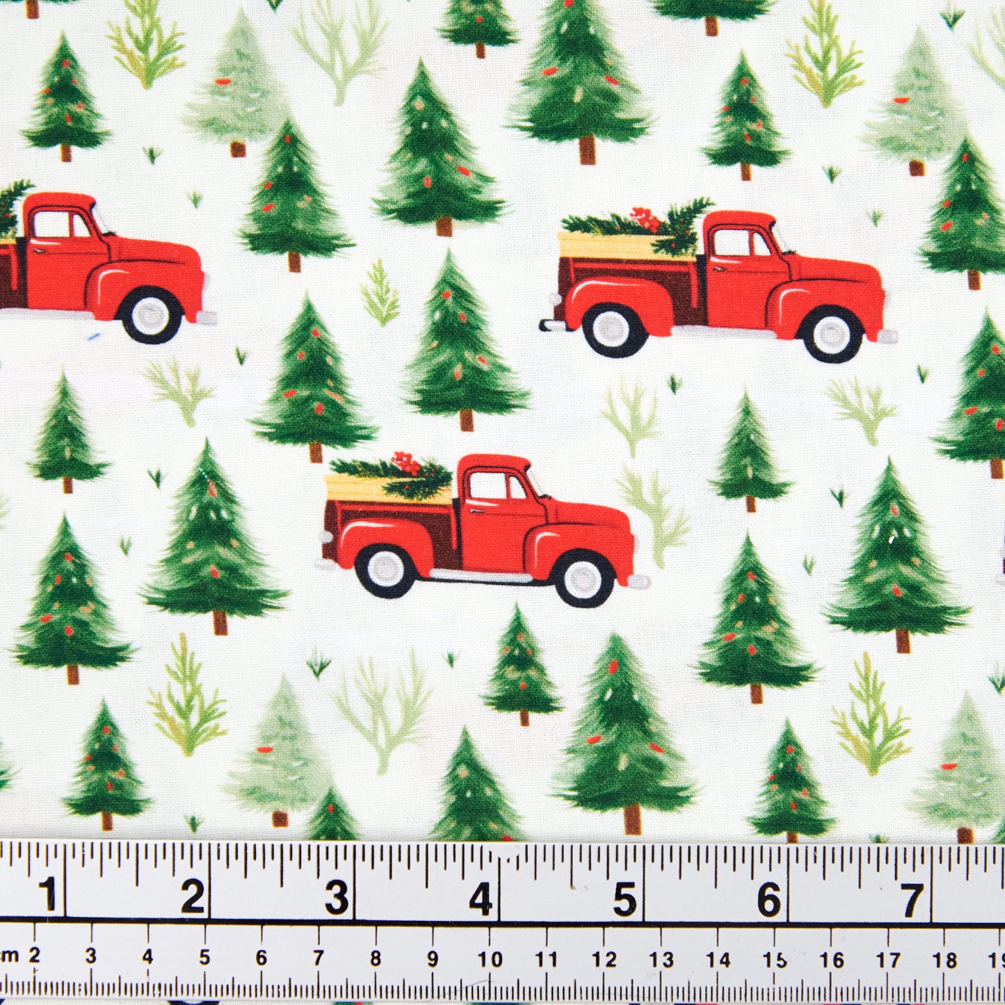 Christmas Cotton Print Fabric,White/Trucks And Trees- Width 112cm