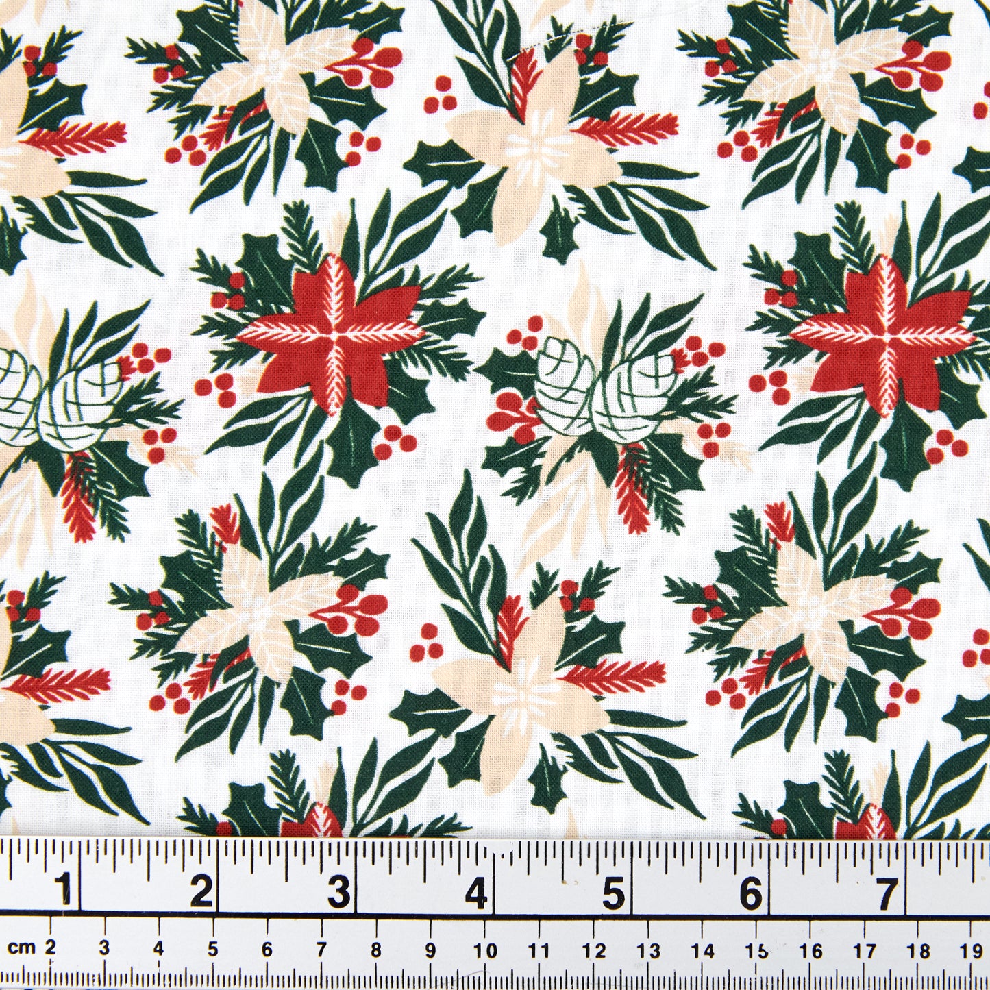 Christmas Cotton Print Fabric,White/Holly And Acorn- Width 112cm