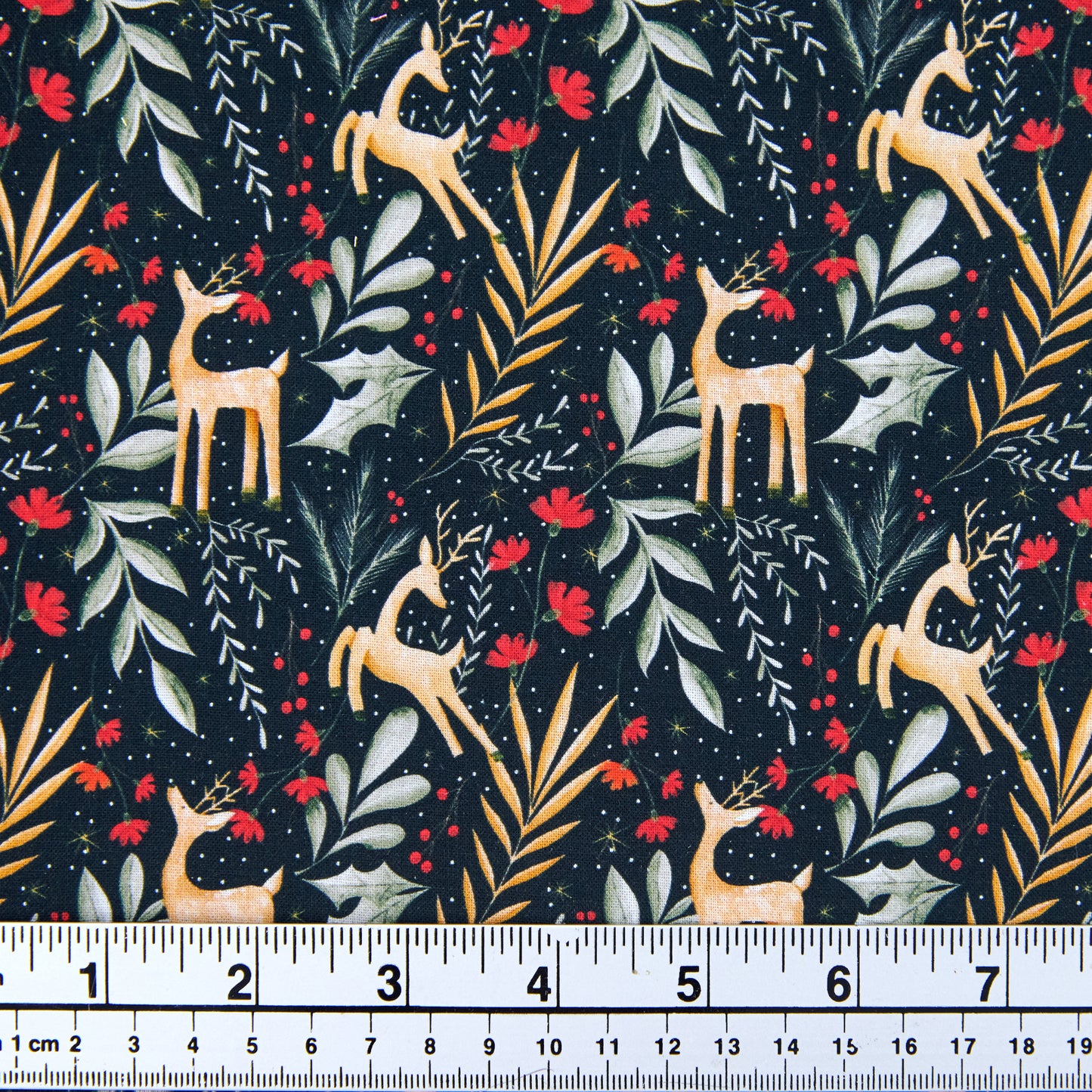 Christmas Cotton Print Fabric, Black/ Leaves And Deer- Width 112cm