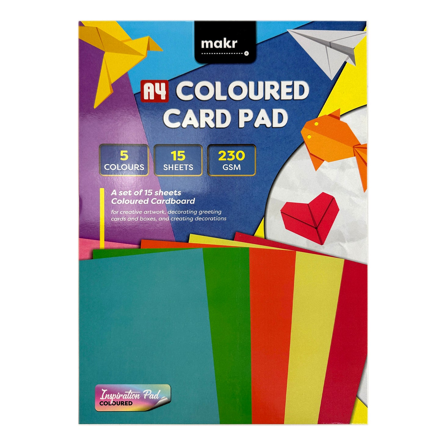 A4 Card Pad 230 Gsm, 5 Colours- 15 Sheets