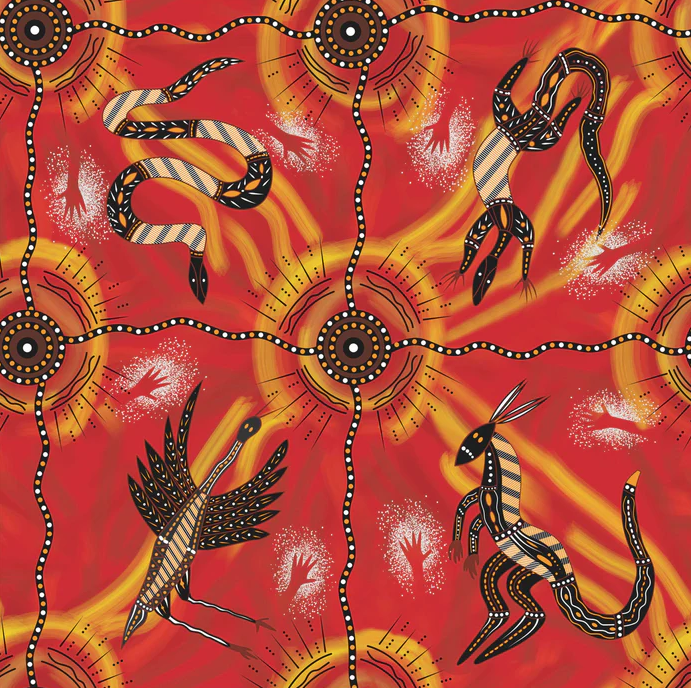 Aboriginal Print Fabric, Womens Business By Merryn Apma, Maroon - Width 145cm