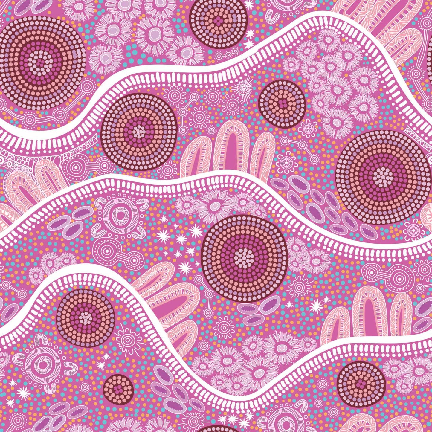 Aboriginal Print Fabric, Woman's Journey By Debbie Scott, Pink - Width 145cm