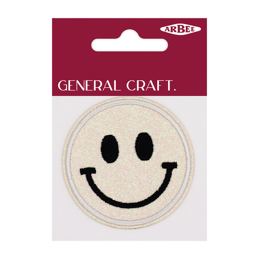 Arbee Crafty Patch, Smiley Face Glitter Arbee Patch, White- 60mm 1pc
