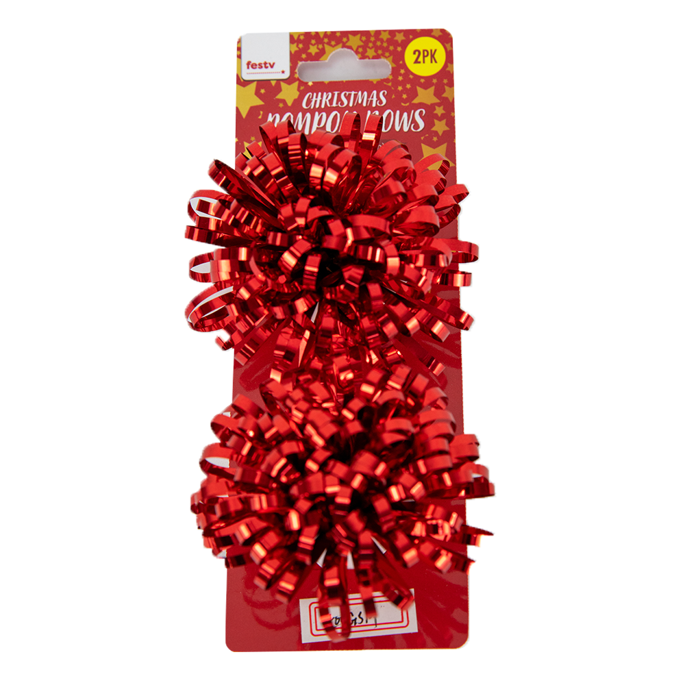 Christmas Pompom Bows, Red- 2pk