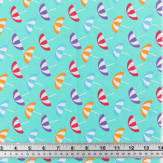 Print Craft & Quilting Fabric, Umbrellas On Aqua- Width 112cm