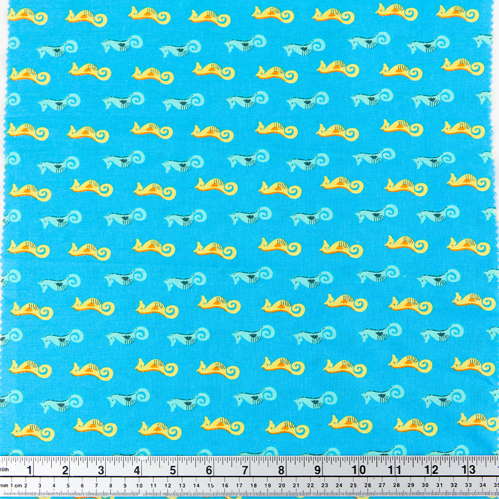 Print Craft & Quilting Fabric, Yellow And Blue Seahorses- Width 112cm