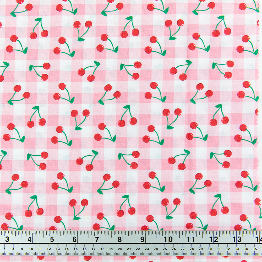 Print Craft & Quilting Fabric, Cherries On Pink Gingham- Width 112cm
