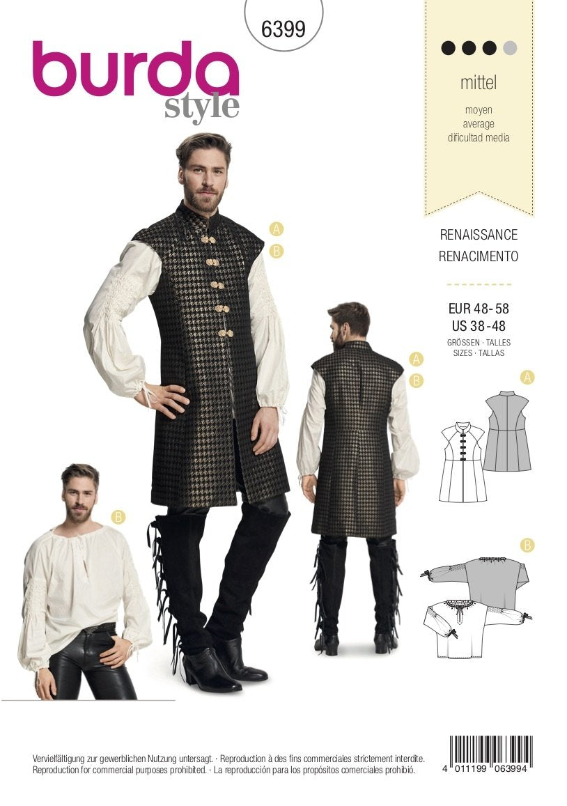 Burda Pattern 6399 Men's Renaissance Shirt  &  Waistcoat (38-48)