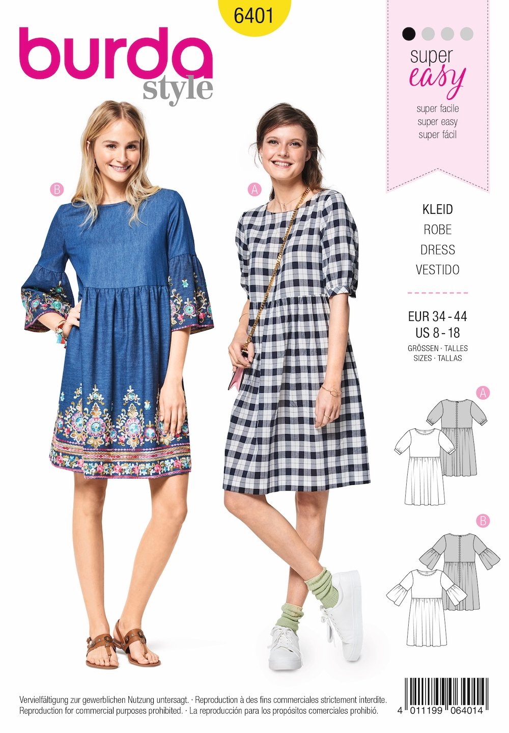 Burda Pattern 6401 Misses' Swing Dress with Sleeve Variations (8-18)