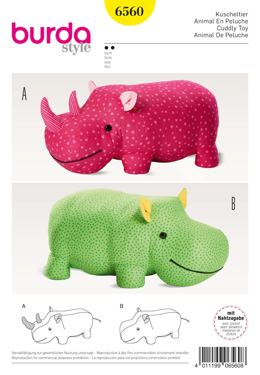 Burda Pattern 6560 Stuffed Hippo or Rhino (One Size)