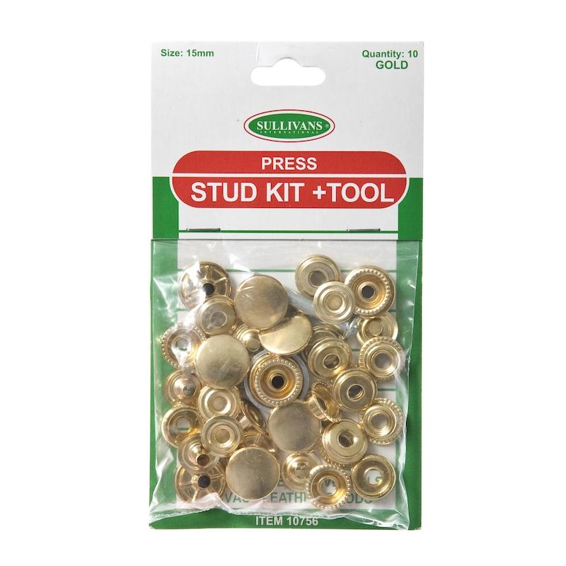 Press Stud Kit Plus Tool Size 15mm, Gold- 10 Sets