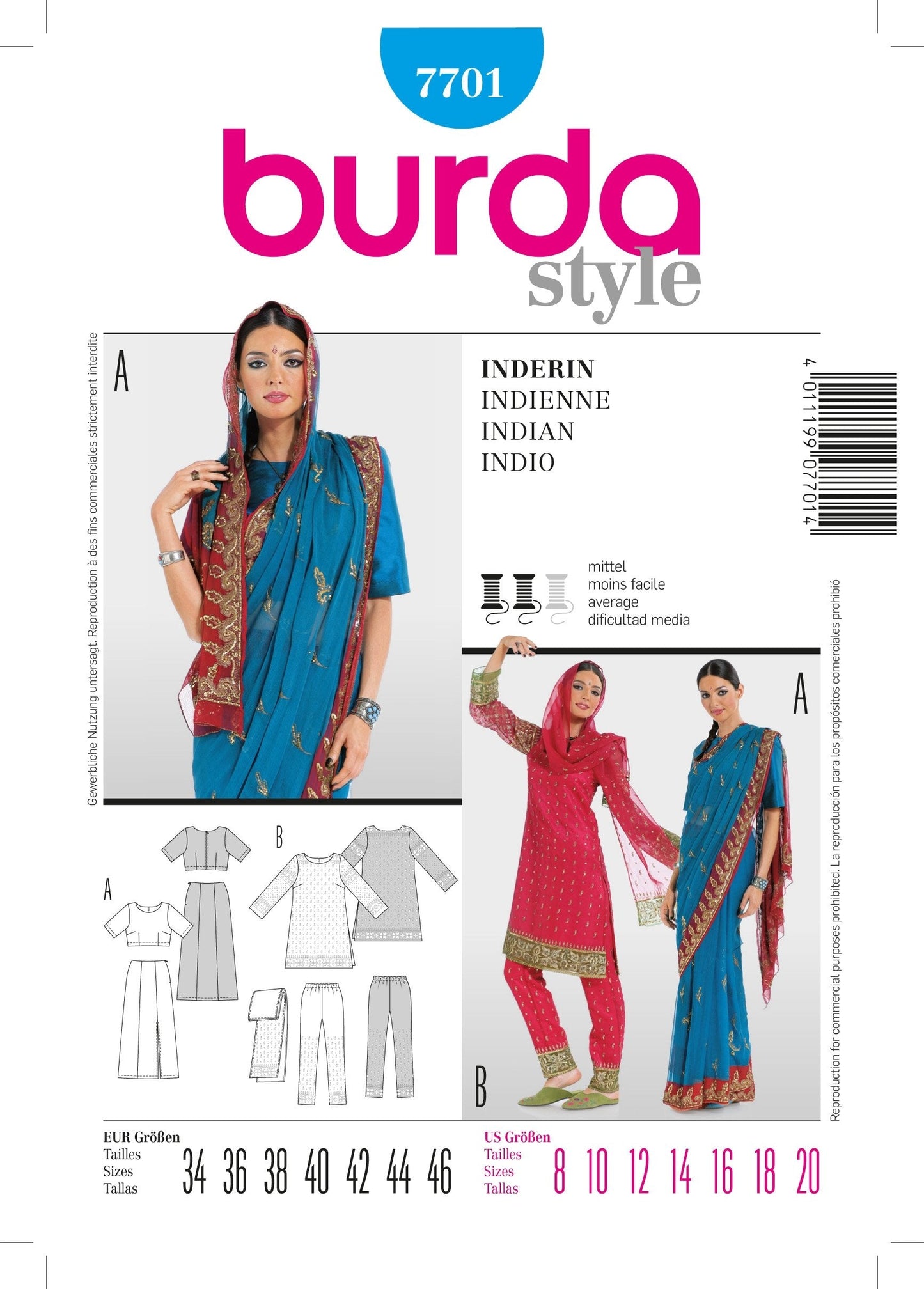 Burda Pattern 7701 Sewing Pattern Indian (8-20)