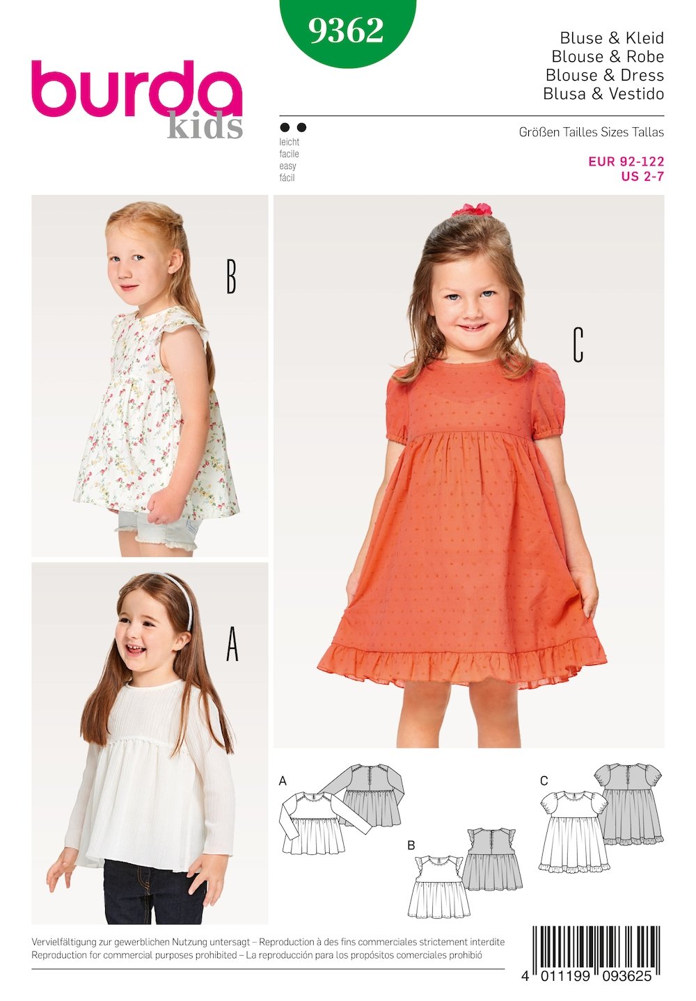 Burda Pattern 9362 Child Dress, Blouse and Skirt (2-7)