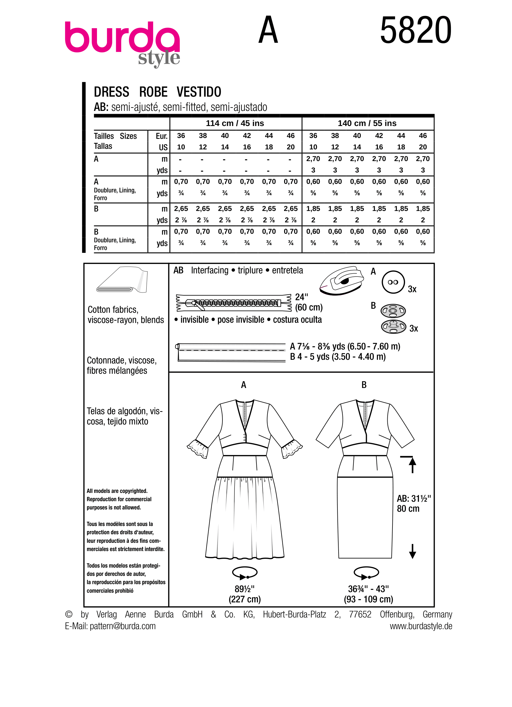 Burda Pattern B5820 Misses' Dress