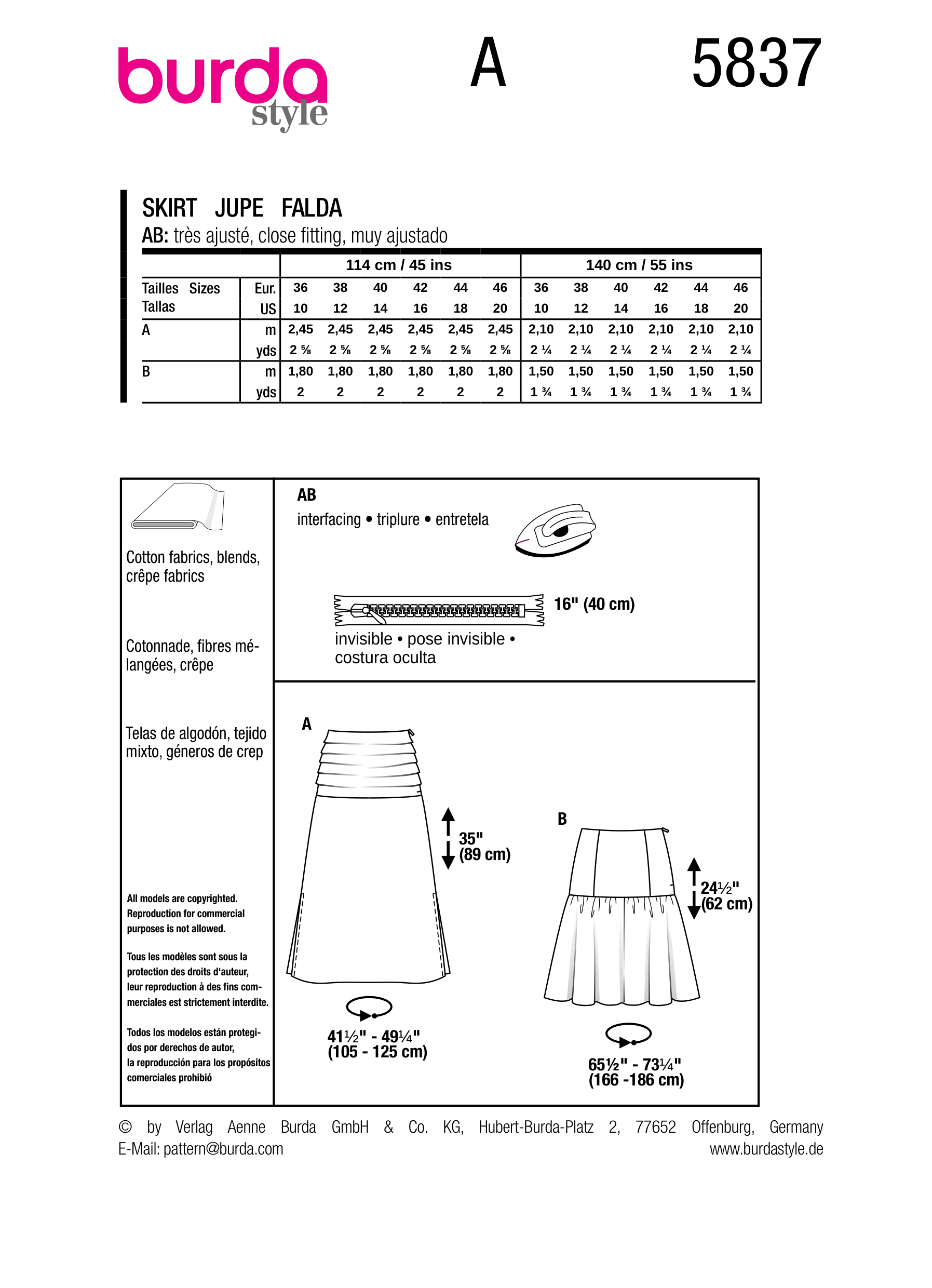 Burda Pattern B5837 Misses' Skirt