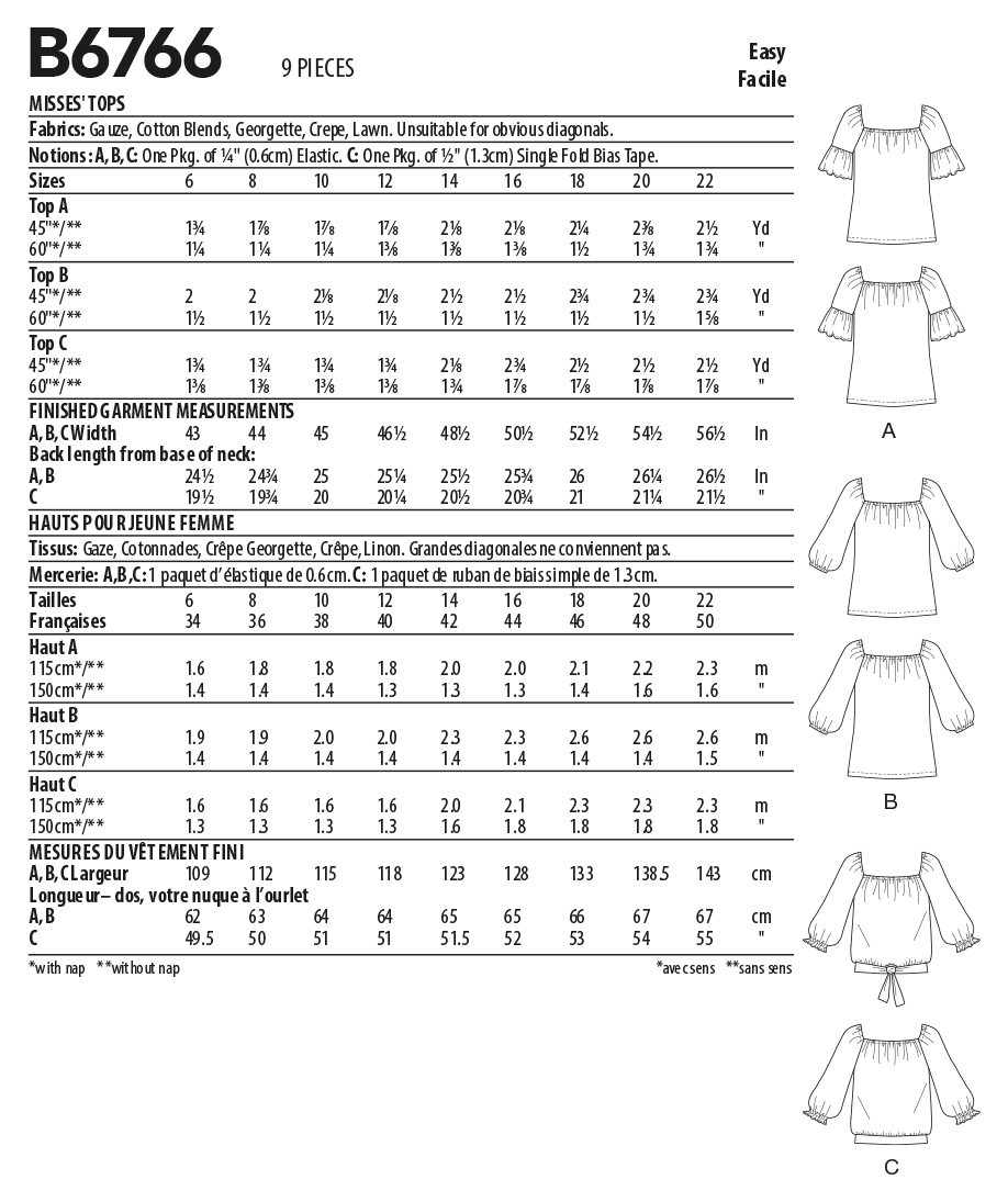 Butterick Pattern B6766 Misses' Tops