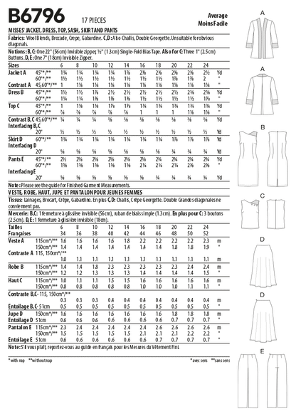 Butterick Pattern 6796F5 Misses' Jacket, Dress, Top, Skirt & Pants