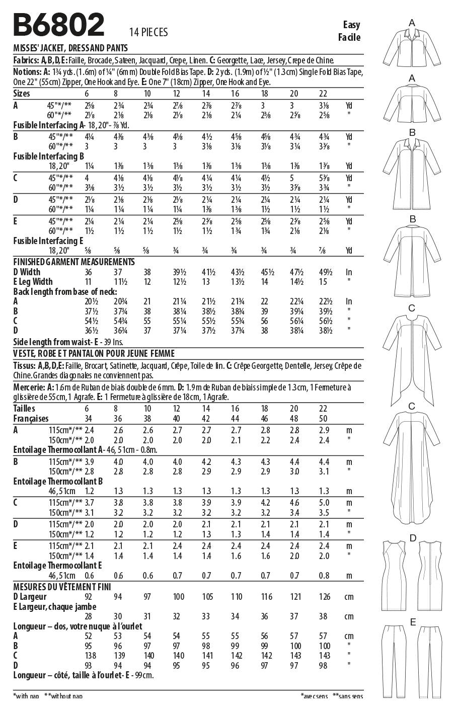 Butterick Pattern 6802A5 Misses' Jacket, Dress and Trousers