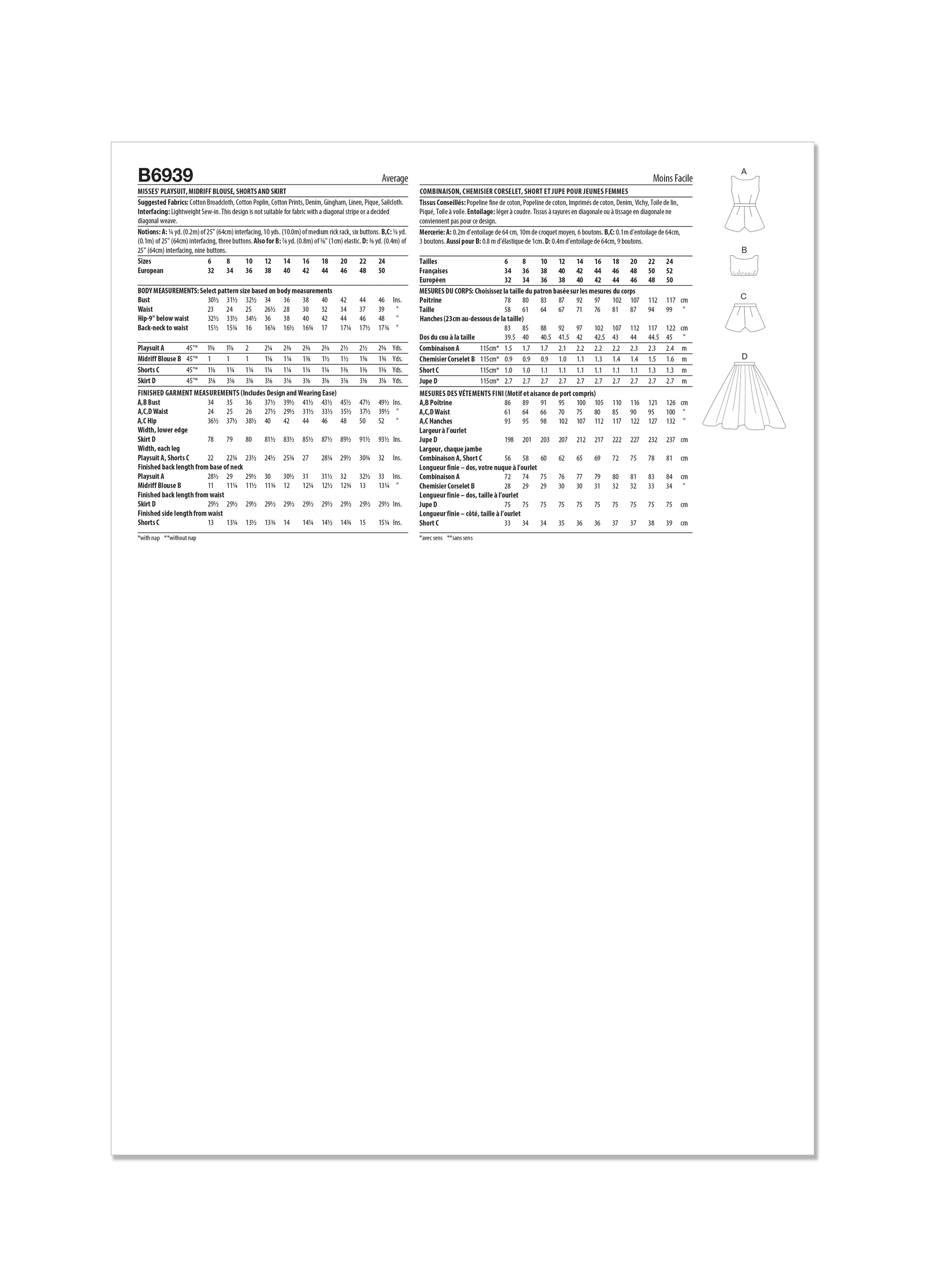 Butterick Pattern B6939 Misses' Playsuit, Midriff Blouse, Shorts and Skirt