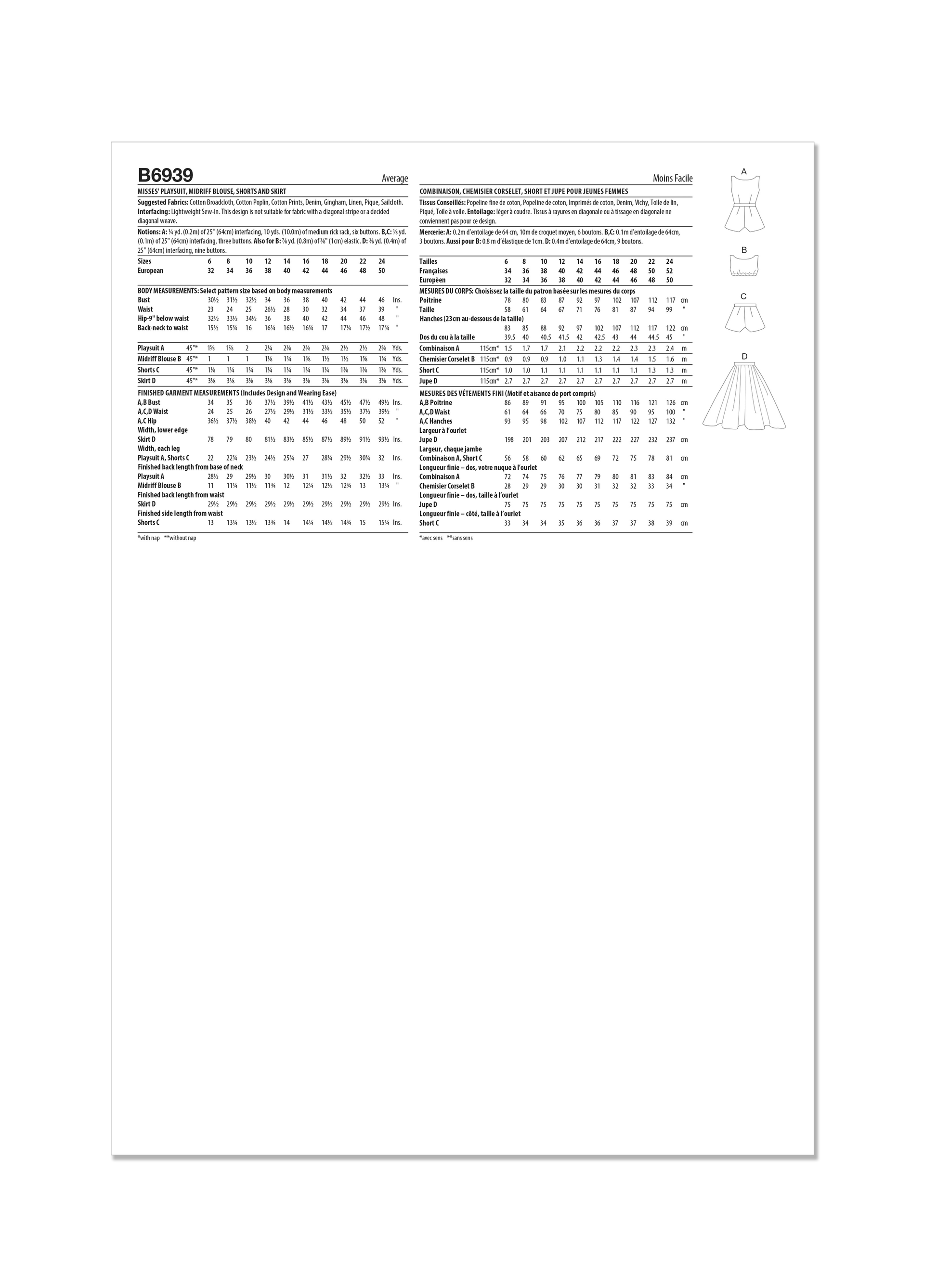 Butterick Pattern B6939 Misses' Playsuit, Midriff Blouse, Shorts and Skirt