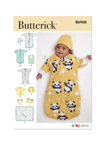 Butterick Pattern B6968 Infants' Bunting, Jumpsuit, Shirt, Diaper Cover, Hat, Bib, Mittens, Booties and Blanket