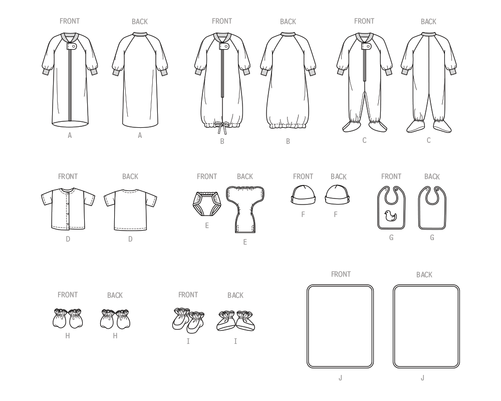 Butterick Pattern B6968 Infants' Bunting, Jumpsuit, Shirt, Diaper Cover, Hat, Bib, Mittens, Booties and Blanket