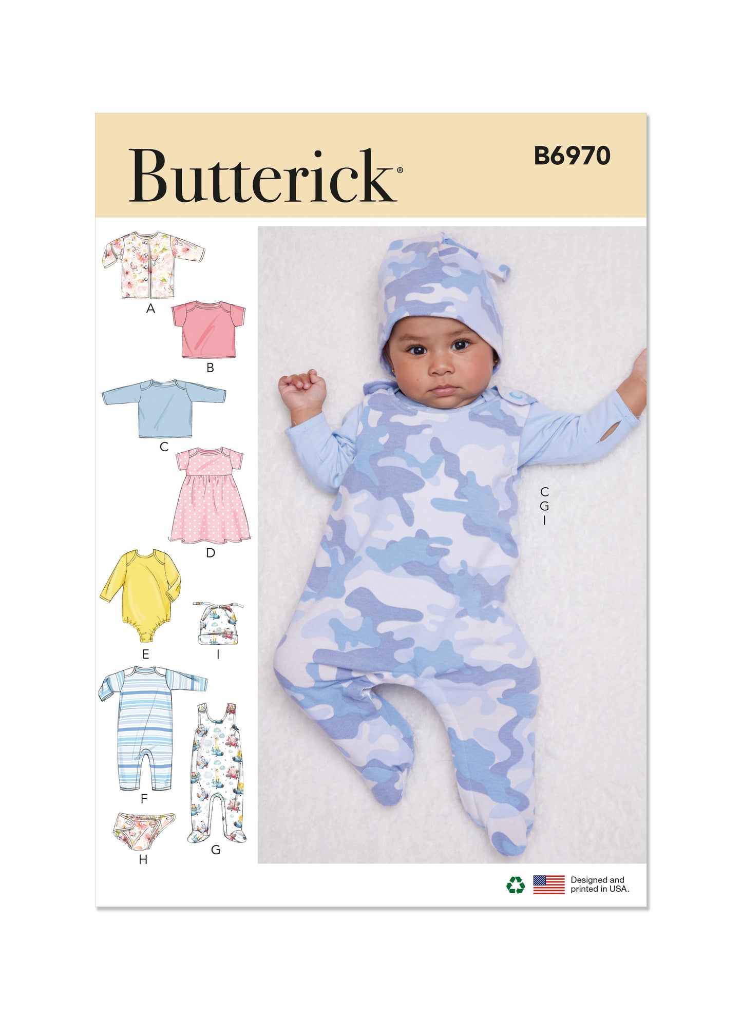 Butterick Pattern B6970 Infants' Jacket, Tops, Dress, Rompers, Diaper Cover and Hat