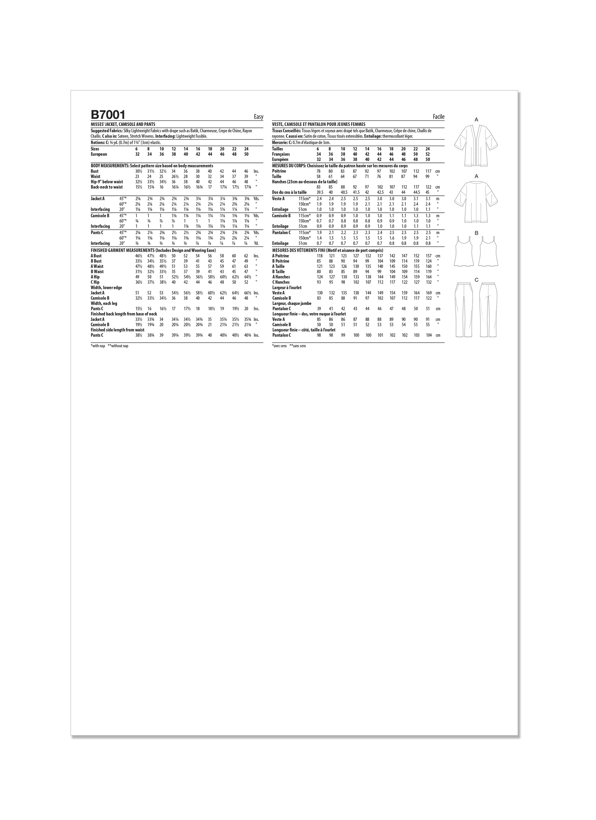 Butterick Pattern B7001 Misses' Jacket, Camisole and Pants