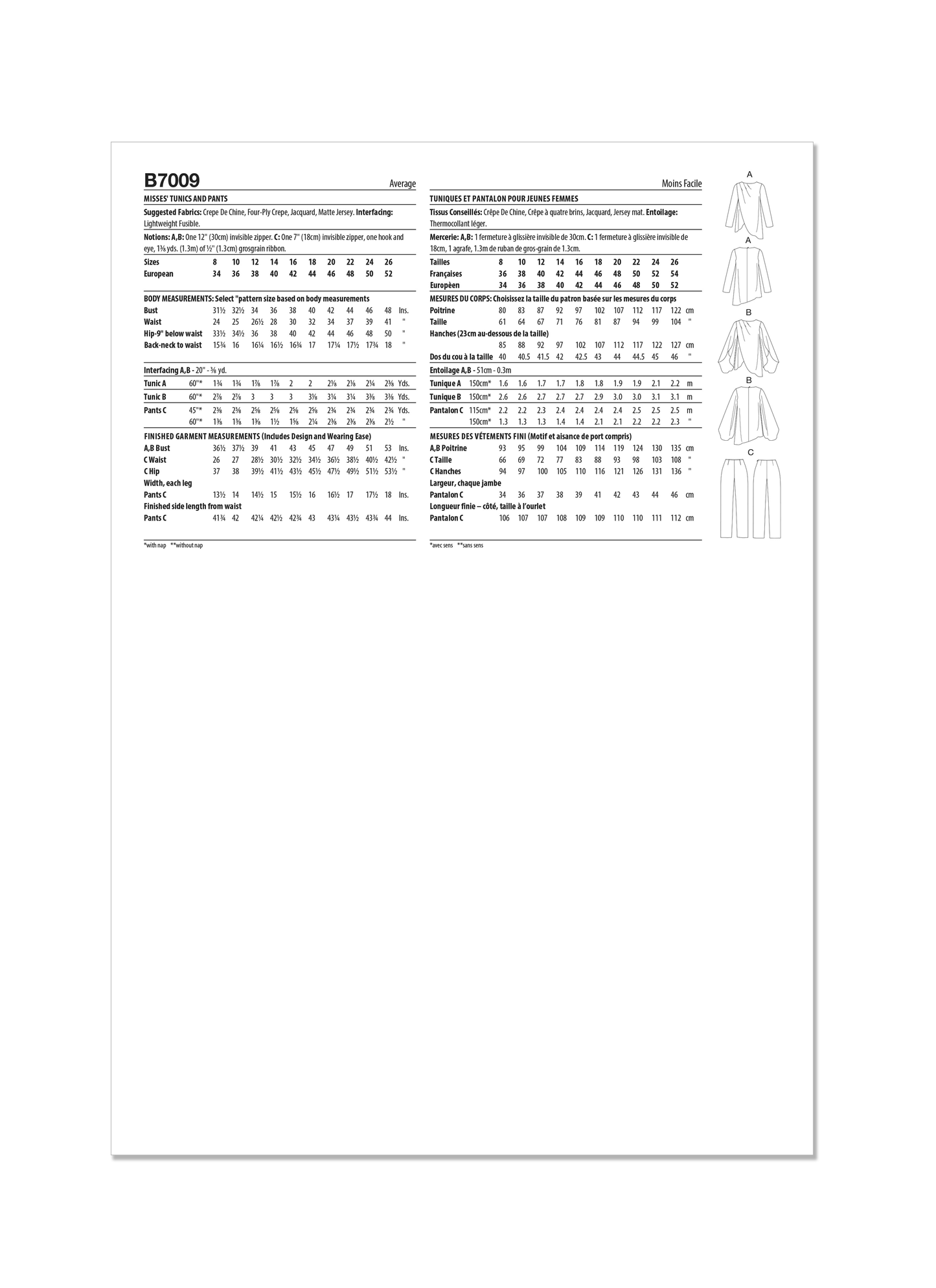 Butterick Pattern B7009 Misses' Tunics and Pants