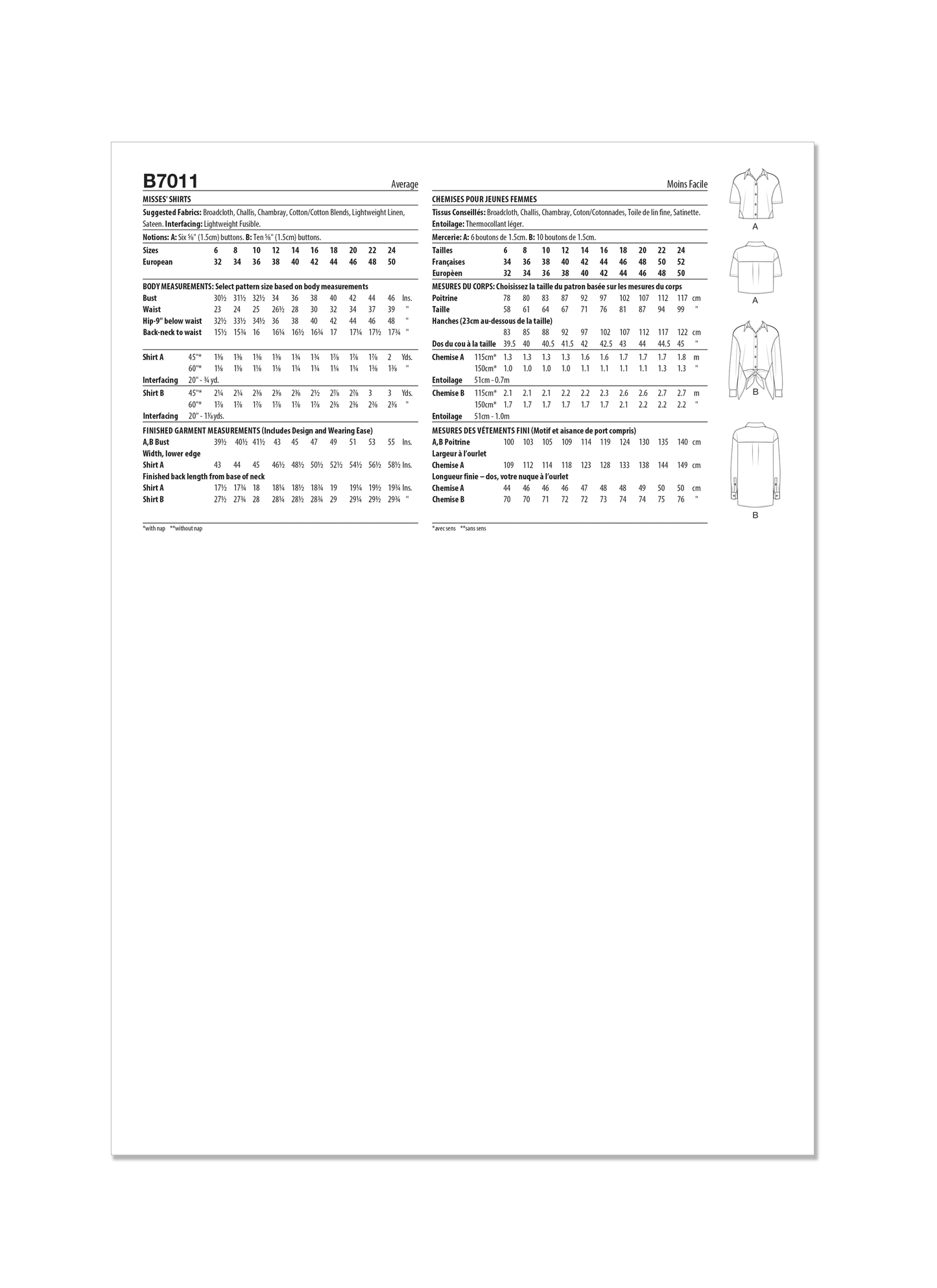 Butterick Pattern B7011 Misses' Shirts