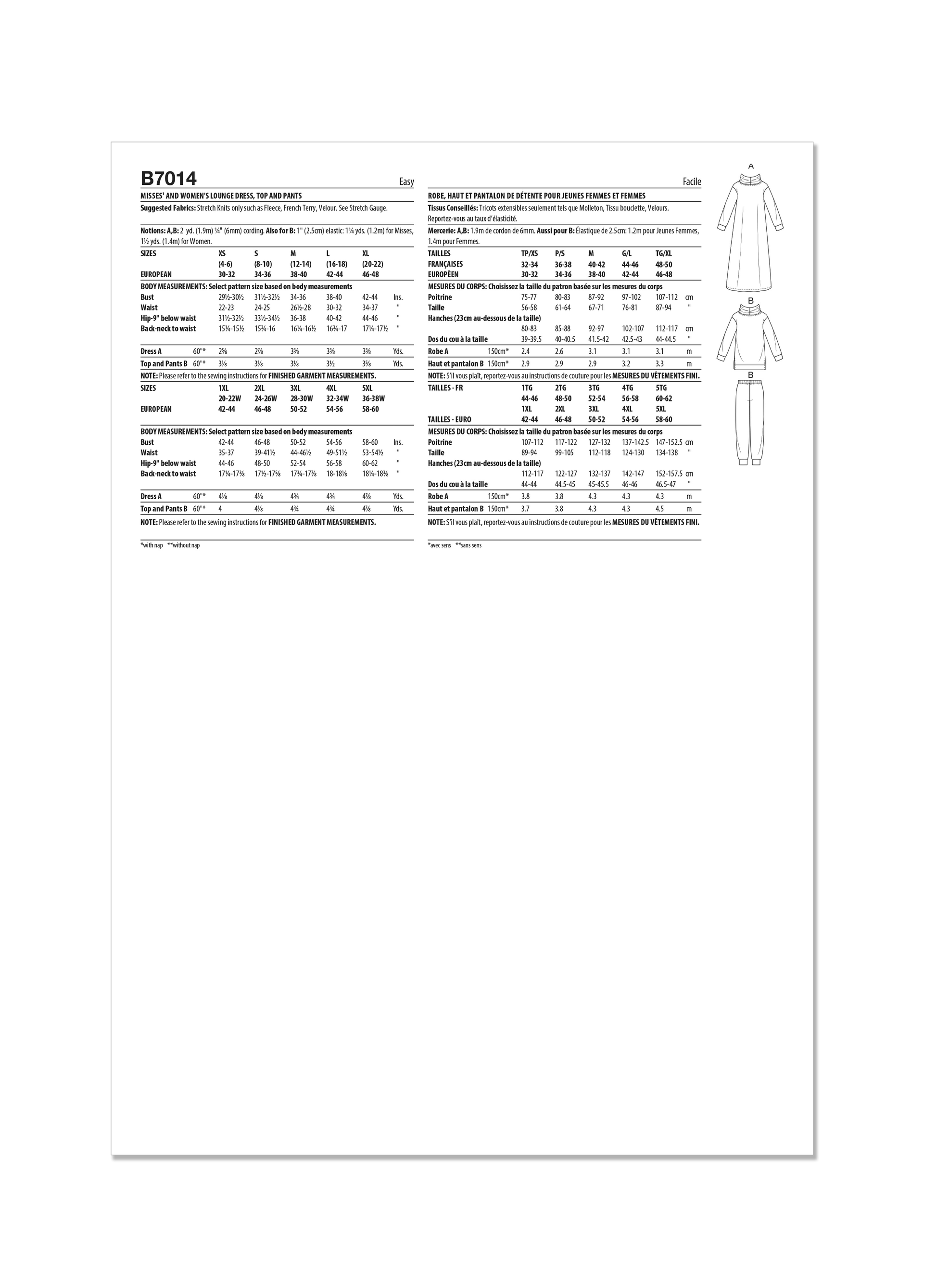 Butterick Pattern B7014 Misses' and Women's Lounge Dress, Top and Pants