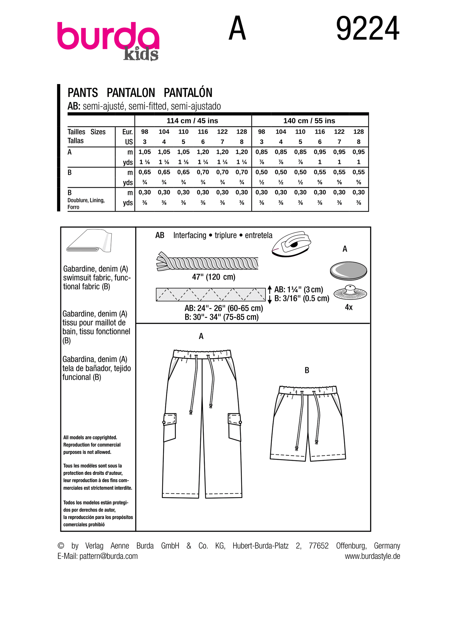 Burda Pattern B9224 Child's Skirt Pants