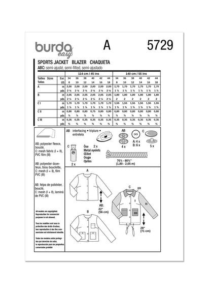 Burda Pattern 5729  Misses' Jacket