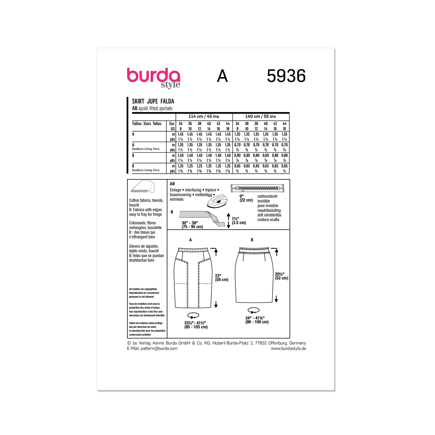 Burda Pattern 5936 Misses' Skirt/Pants