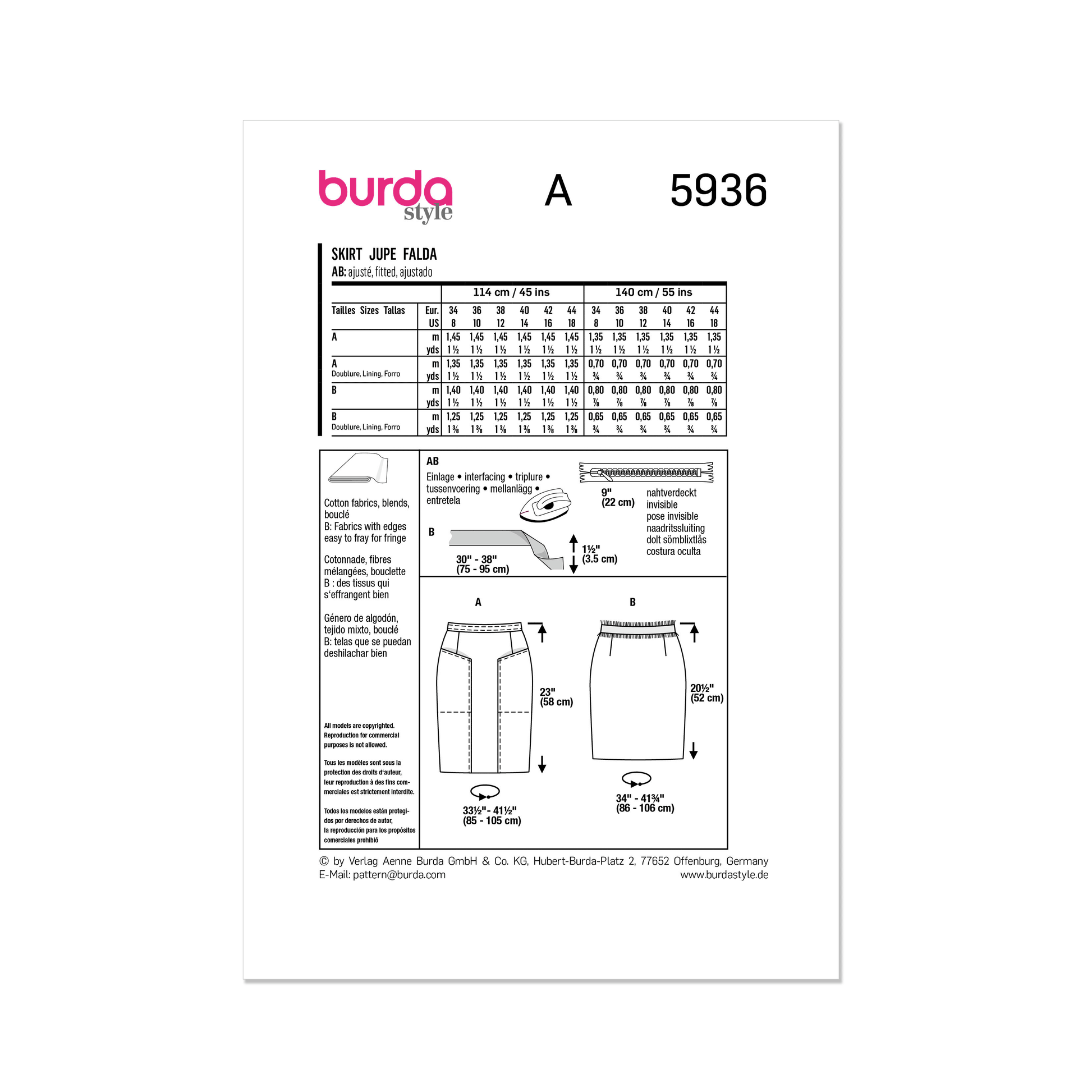 Burda Pattern 5936 Misses' Skirt/Pants