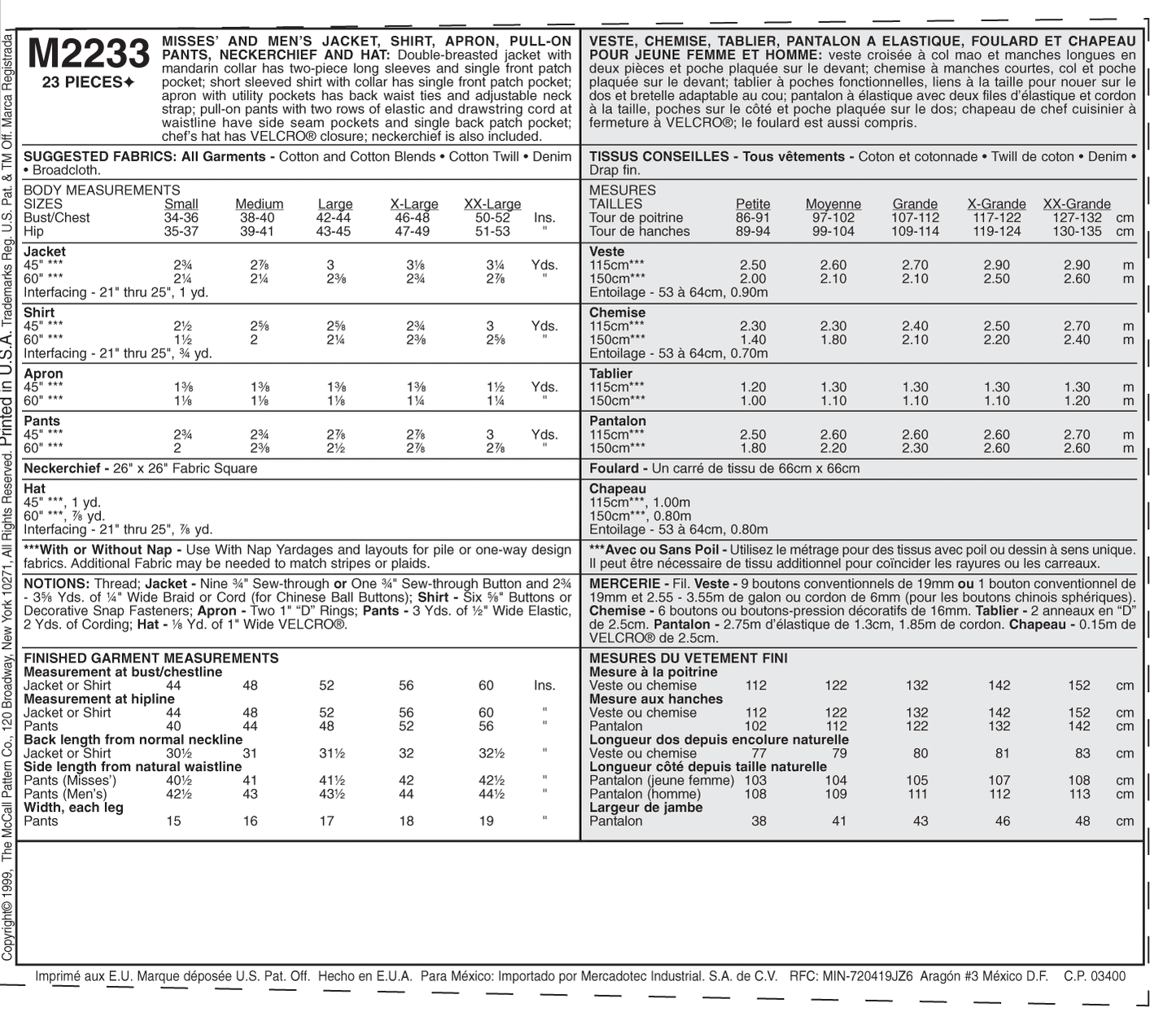 McCall's Pattern M2233 Misses' and Men's Jacket, Shirt, Apron, Pull-On Pants, Neckerchief and Hat