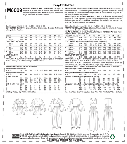 McCall's Pattern M8009 Misses' Romper and Jumpsuits