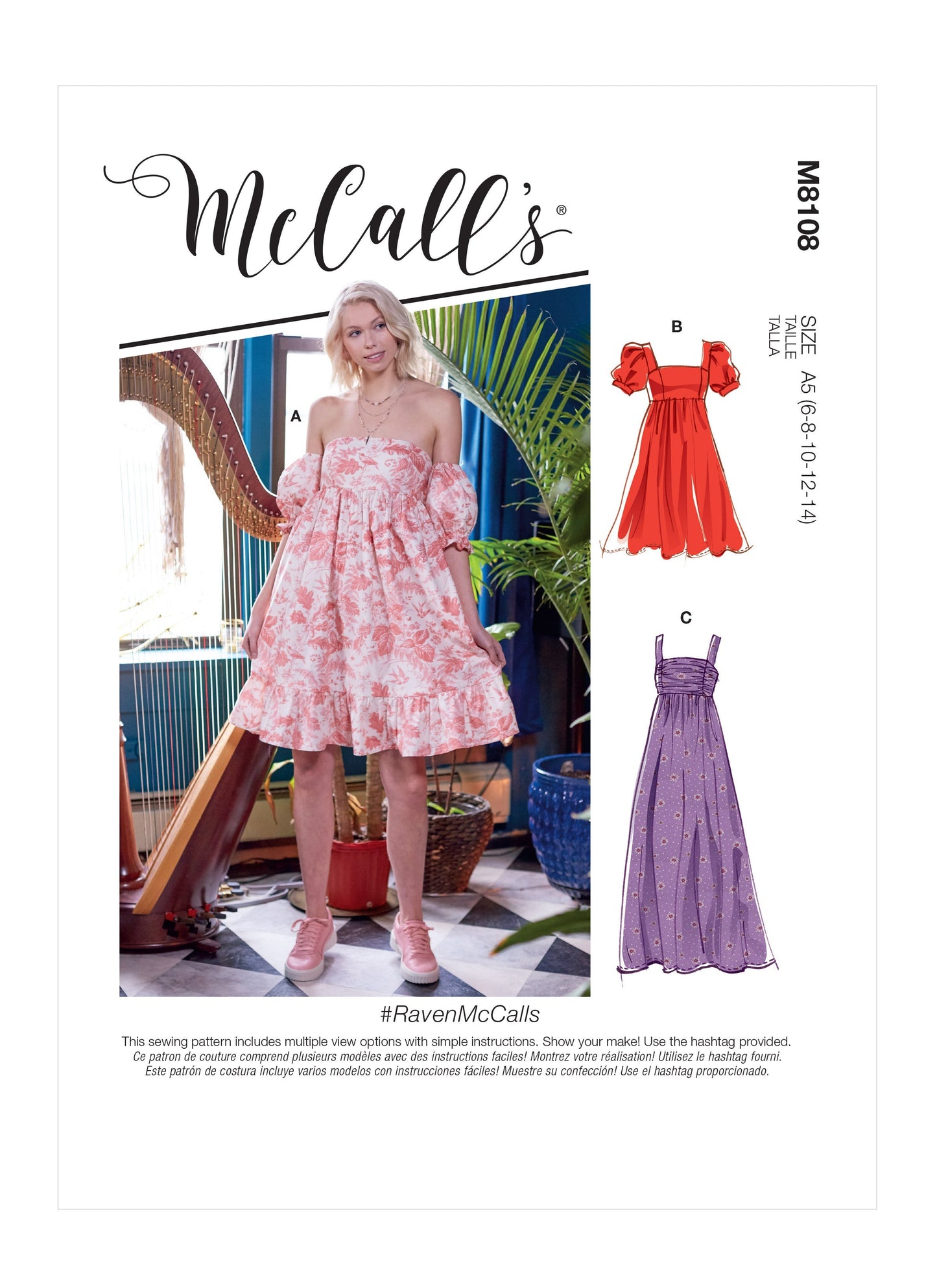 McCall's Pattern M8108 Misses' Empire Seam Gathered Dresses In Various Lengths, Necklines & Straps