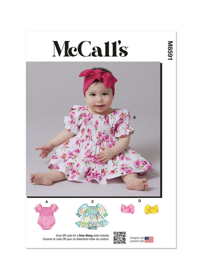 Simplicity Pattern 8591 Babies' Romper, Dresses and Headband